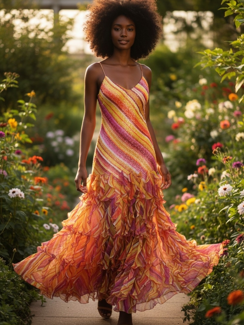 Sunset Ruffle Maxi Dress - Pink & Orange